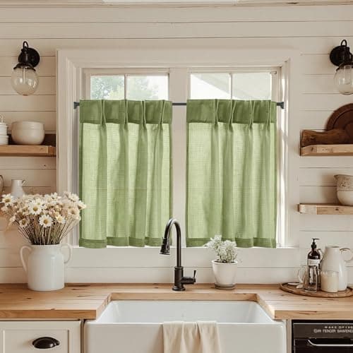jinchan Linen Pinch Pleated Back Tab Tier Curtains, 26x36, 2 Panels, Green