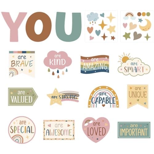 COCHIE Motivational Inspirational Bulletin Board Decorations Set, 37PCS Positive Saying Classroom Must Have, Affirmation Station Paper Cutout Classroom Decor Posters for Wall Door Window (Boho)