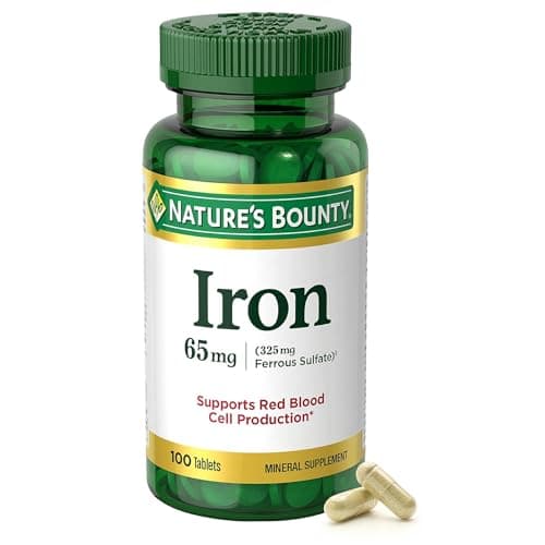 Nature’s Bounty Iron 65mg, 325 mg Ferrous Sulfate, Cellular Energy Support, Promotes Normal Red Blood Cell Production, 1 Serving Per Day, Gluten Free, 100 Vegetarian Tablets