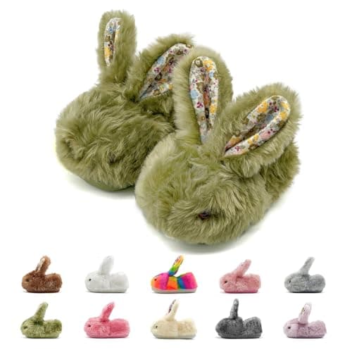 Rosyclo Toddler Bunny Slippers for Boys and Girls - Long Plush Non-Slip Super Warm Animal Indoor and Outdoor Slippers, Green, Toddler Size 6
