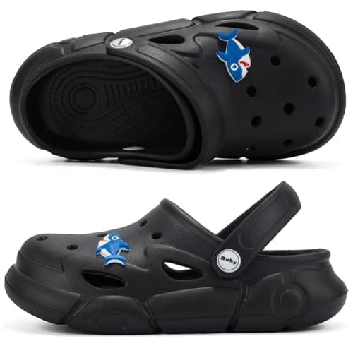 UPSOLO Boys Girls Clogs Kid's Garden Shoes Cute Cartoon Slides Sandals Slip-on Lightweight Indoor Outdoor Beach Water Shower Pool Slipper Children KD701BK28-29 Black