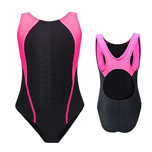 GLIGLITTR Girls' Athletic One Piece Swimsuit Kids Black Swimwear for Swim Team Practice Competition Beach Sport Bathing Suit(G-Blackpink,11-12Y)