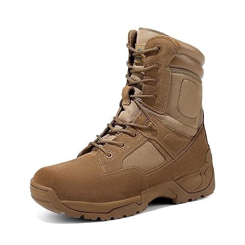 NORTIV 8 Mens Military Tactical Work Boots Hiking Side Zip Leather Outdoor Motorcycle Combat Boots Response,Size 7.5,Brown