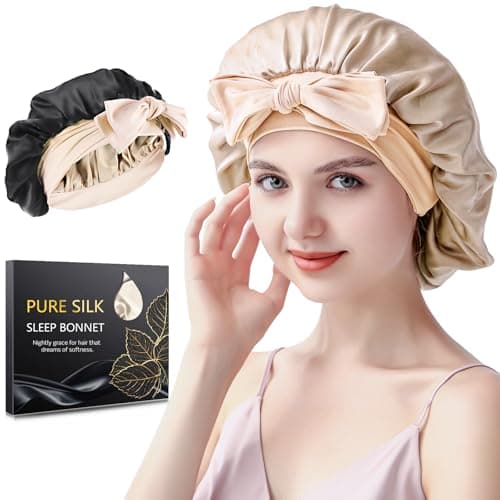 SILMANA Silk Bonnet for Sleeping Women, 22 Momme 100% Mulberry Silk Sleep Cap, Double-Layer Reversible Silk Hair Wrap for Women & Night Hair Care, Fits All Hair Types - Champagne