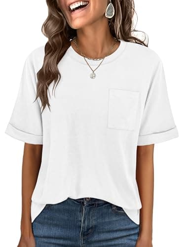 ANRABESS Women Oversized T Shirts Short Sleeve Summer Casual Loose Top Basic Tee with Pocket White X-Small