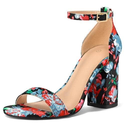 COASIS Women's Chunky Block Heels Open Toe Ankle Strap 3.5 Inch Heeled Sandals, Black Floral Size 5.5