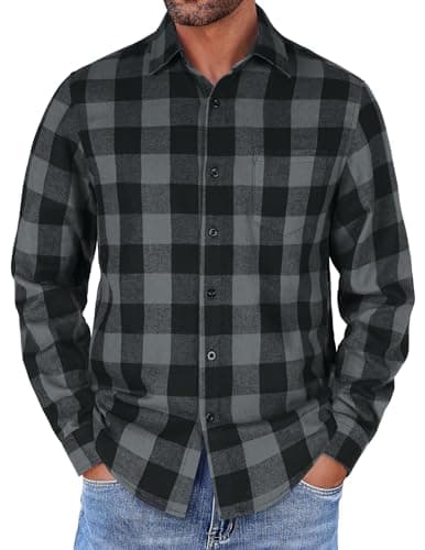 COOFANDY Men's Extra Large Black Grey Plaid Flannel Long Sleeve Button Down Shirt with Pocket