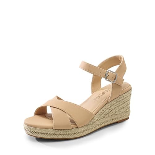 DREAM PAIRS Espadrille Dressy Wedge Sandals, Women's Platform Sandals Casual Summer, Comfortable High Heeled Wedges with Adjustable Buckle,Size 7.5,Nude-Nubuck,SDPW2408W