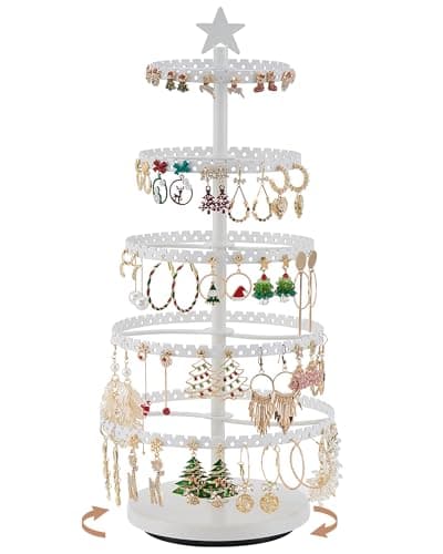 Lolalet 5-Tier Rotating Earring Holder Organizer, Metal Earring Display Stand Large Tree-shaped Rack for Studs Hoops Dangling Earrings, Gift for Women and Girls -White