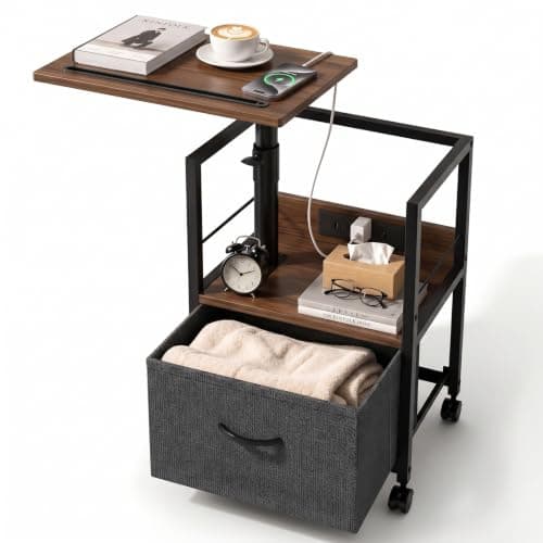 Faesun Swivel Lift Top Nightstand with Charging Station, Rolling Side Table for Recliner, Bedside Table with Wheels & a Fabric Drawer, for Small Spaces, for Bedroom, Living Room, Walnut Gray
