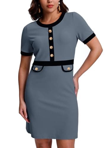SeSe Code Women's Color Block Modest Work Dress Short Sleeve Business Dresses Button Crew Neck Elegant Bodycon Grey S