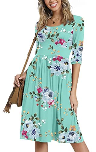 CATHY Women's 3/4 Sleeve 2026 Casual High Waist Round Neck Midi Dress with Pockets, 3XL, Mint Green