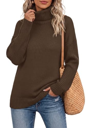 Jouica Womens Sweaters Fall 2026 Oversized Turtleneck Sweaters for Women Cable Knit Sweater Women,Coffee,XX-Large