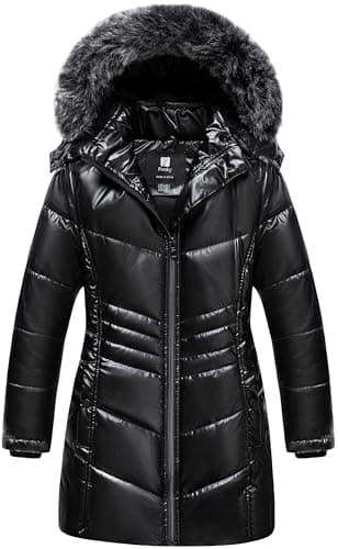 Pursky Girls Winter Jackets Coats Clothes Girl Quilted Puffer Outerwear Hooded Down Coat Lightweight Warm With Fur Trimmed Hood Shine Black 4-5