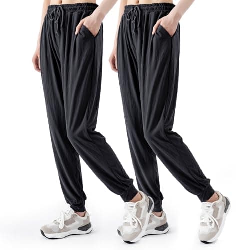 TRIUNION 2 Pack Womens Jogger Pants with Pockets Soft Tapered Joggers Sweatpants for Women Drawstring Lounge Pants,Black,Large