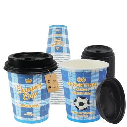 Sowinvent 8 oz Champion Cup Celebrating Argentina, 3-Time World Soccer Champion, 24 Sets Kids Disposable Paper Party Cups with Lids, Compostable & Plastic-Free for Hot/Cold Drink Ice Cream Snacks