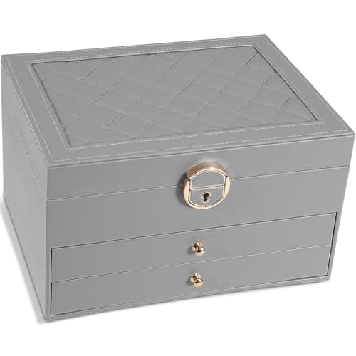 GUOER Jewelry Box for Women Girl Wife 3 Layers Large PU Leather Jewelry Organizer Storage Case with Two drawers Display for Earrings Bracelets Rings Watches (Grey)