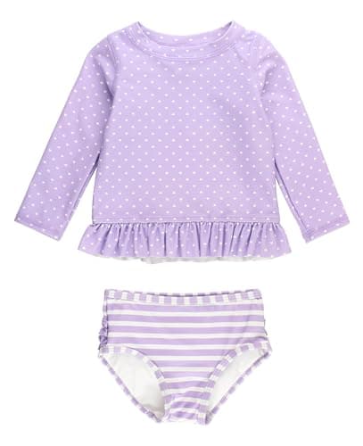 RuffleButts Lavender Heart Polka Dot Long Sleeve Rash Guard Bikini - 3-6m