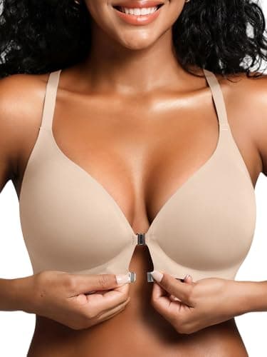 Cuteio Racerback Bras with Metal Magnetic Front Closure - Wireless for Women No Underwire Seamless Supportive Everyday Full Coverage Comfortable Tshirt Bralettes Beige S