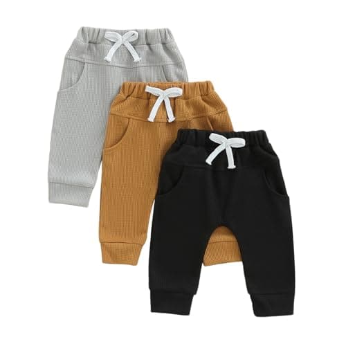 Toddler Baby Boy Fall Pants 3 Pack Active Jogger Casual Athletic Trousers Solid Color Pocket Elastic Waist Harem Bottoms (Waffle Gray Brown Black, 18-24 Months)