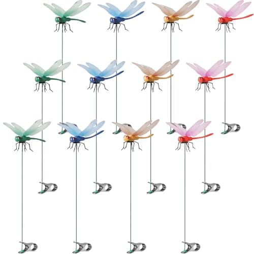 12 Pack Dragonfly Clip,Fake Dragonflies, Humming Bird Stakes Fake, Plastics Dragonfly for Garden Stakes Decor Yard Ornaments for Hat,Deer and Horse,Fly Scare Devices for Indoor Outdoor (12pack)