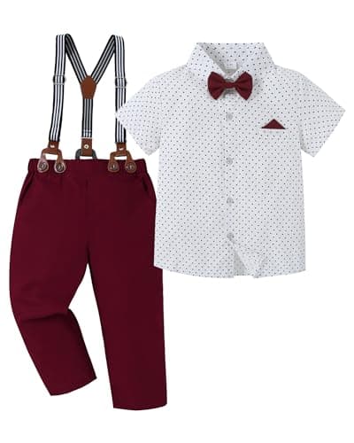 Boy Dress Outfit Suits for Kids White Dress Shirt with Bowtie/Suspender Pants for Festival Celebration 9-10 Years