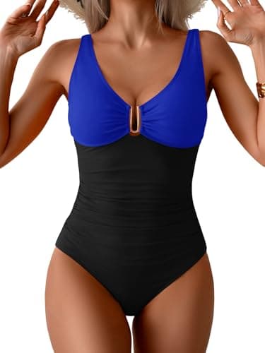 B2prity One Piece Swimsuit for Women Tummy Control Ruched Bathing Suit V Neck Push Up Swimwear Royal Blue, Black