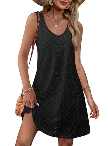 OFEEFAN Spring Dresses for Women 2026 Swimsuit Coverup Loose V Neck Easter Dress Sundresses Beach Fashion Eyelet Black 2XL