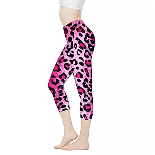 Belidome Pink Leopard Print Women Capri Legging Pants for Yoga Outfit High Waist Tummy Control