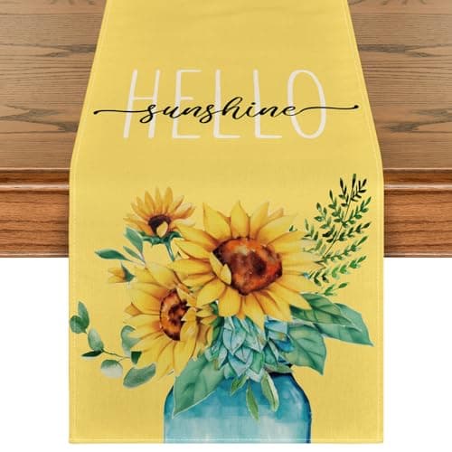 Artoid Mode Yellow Hello Sunshine Sunflower Summer Table Runner, Spring Seasonal Anniversary Holiday Kitchen Dining Table Decoration for Indoor Outdoor Home Party Decor 13 x 72 Inch