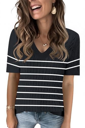 Kistore Womens V Neck Short Sleeve Summer Lightweight Sweaters Stripes S