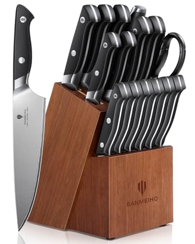 SANMEIHO 16 PCS Knife Set with Block, Japanese Kitchen Knife Set with 5 Layers High Carbon 9Cr18Mov Stainless Steel, Ultra-Sharp Professional Chef Cooking Knives with Ergonomic Handle, Dishwasher Safe