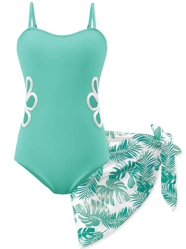 AMAWMW Girls Swimsuit Cut Out One Piece Bathing Suit with Tropical Print Cover Up Skirt Adjustable Straps Girls' Swimwear Light Green