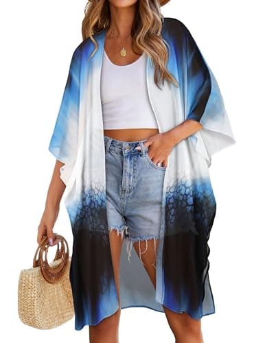 Womens Swimsuit Coverups Summer Loose Cardigans for Swimwear Lightweight Beach Kimono(Blue Tie-Dye,S)