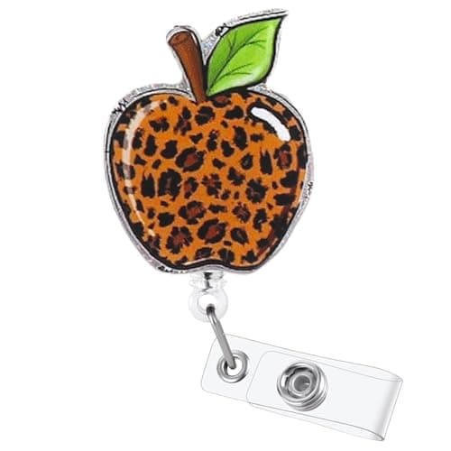 Cute Badge Reel for Nurse, Nursing Students Doctors Teachers Medical Worker Office Women ID Holders, Funny Retractable Badge Holder Accessories (Leopard Apple)