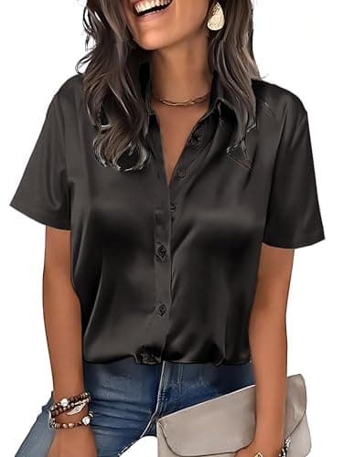 Mawor Satin Button Down Shirts for Women Silk Short Sleeve Blouses Summer Dress Shirt Business Casual Tops Work Up Outfits Black S