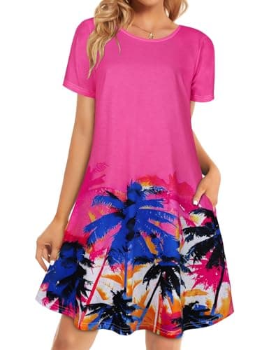 elescat Sundresses for Women Short Sleeve Summer Tshirt Casual Beach Pockets Loose Swing Tunic Dress (Pink Trees, S)