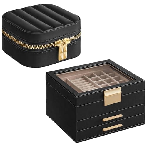 SONGMICS 3-Tier Jewelry Organizer with Glass Lid and Square Travel Jewelry Box Bundle, with Drawers, Mirror, PU, Modern, Gift Idea, Graphite Black and Ink Black UJBC239B03 and UJBC179B01
