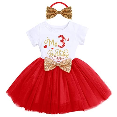 Newborn Baby Girl Princess It's My 3rd Birthday Party Cake Smash Shinny Sequin Bow Tie Tulle Tutu Dress Outfit for Kids Casual Summer Second Half Wild One Party Sundress Photo Shoot Red-3rd 3 Years