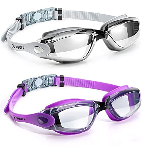 Keary Swim Goggles Pack of 2 Anti-Fog Swimming Goggles for Adults Women Men Youth Junior, No Leaking UV Protection Waterproof Mirrored Lens Triathlon Pool Goggles with 3 Size Nose Pieces & Earplugs