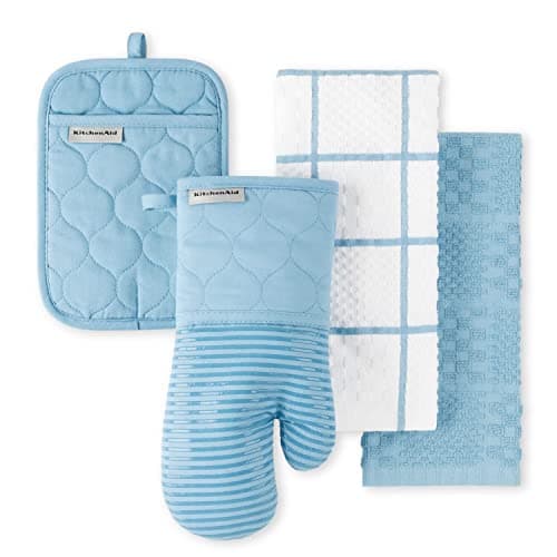 KitchenAid Quilted Cotton Terry Cloth Oven Mitt, Pot Holder, Kitchen Towel 4-Pack Set, Heat Resistant, Silicone Grip, Gift Set, Blue Velvet, 16"x26", 7"x13" & 7"x10"