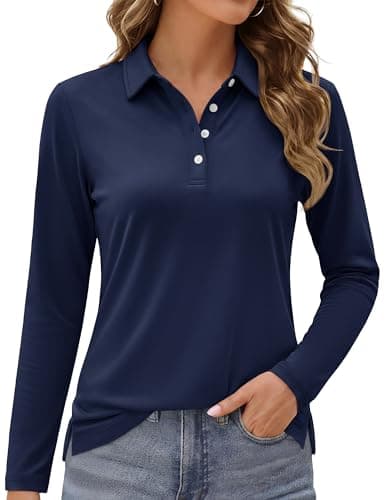 MAGCOMSEN Women's Long Sleeve Polo Golf Collared Shirts SPF Shirts for Women Tennis T-Shirts V-Neck Tee Athletic Navy,S