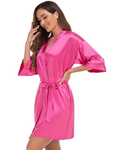 VOGUEMAX Women's Short Kimono Robe Silky Satin Bathrobe Bride Bridesmaids Getting Ready Sleepwear Soft Nightgown