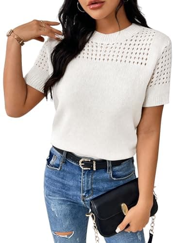 RICHSTORY Womens Tops Dressy Casual Solid Round Neck Short Sleeve Sweaters Soft Lightweight Hollow Out Knit Tunic Blouses Cute Summer T Shirts White XX-Large