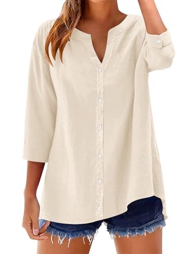 LOMON Womens 3/4 Sleeve Button Down Shirts Cotton Linen Button Up Tops V Neck Casual Loose Fit Blouse Apricot