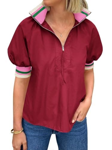 Tankaneo Womens Puff Sleeve Tops Blouse Color Block Half Zip V Neck Pullover Trendy Summer Casual Loose Fit Shirts Wine Red
