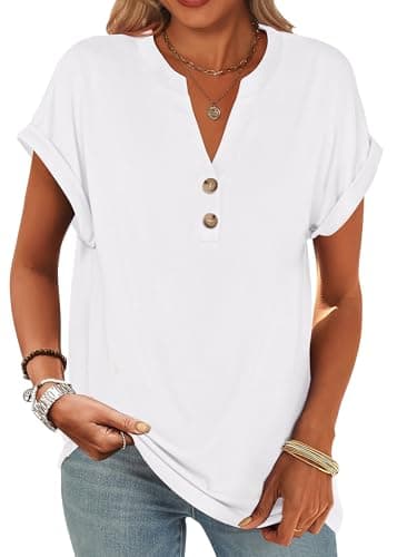 ANRABESS Womens Short Sleeve Henley Tops V Neck Dressy Casual Blouses Summer Trendy Tee Shirts 2026 Vacation Fashion Clothes White L
