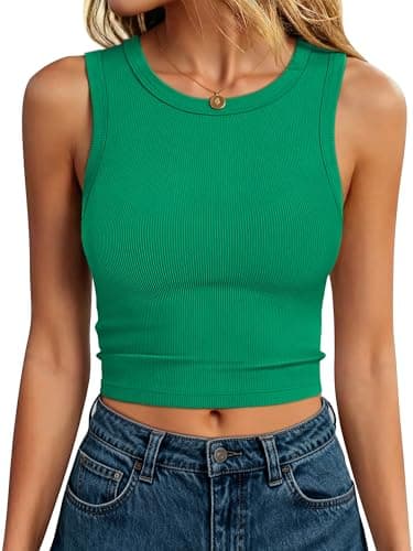 ANRABESS Womens Crop Tank Tops High Neck Sleeveless Ribbed Knit Slim Fit Shirts 2026 Summer Casual Basic Workout Clothes Green Medium