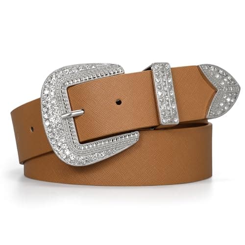 JASGOOD Western Belt for Women Cowgirl Leather Belts for Jeans Pants with Rhinestone Silver Buckle, Brown