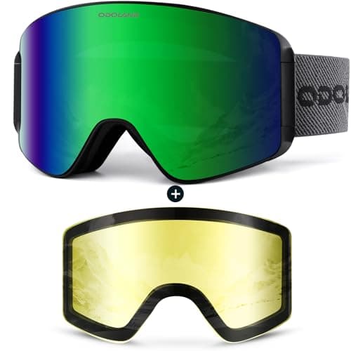 Odoland Ski Goggles Set with Detachable Lens, Frameless Interchangeable Lens, Anti-Fog UV Protection Snow Goggles for Men and Women, Helmet Compatible - Black Frame Green Lens